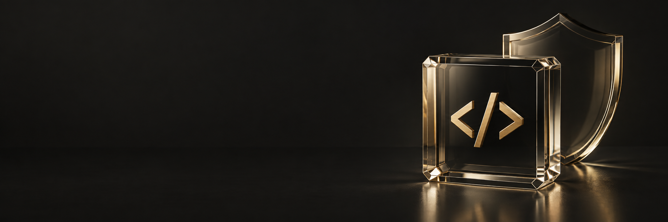 Símbolo de código em metal champagne dentro de um bloco de vidro com escudo