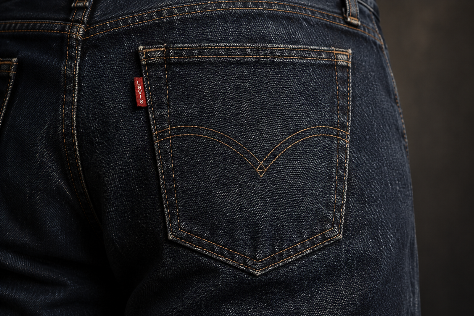 Ilustração da etiqueta vermelha na lateral superior do bolso de uma calça jeans